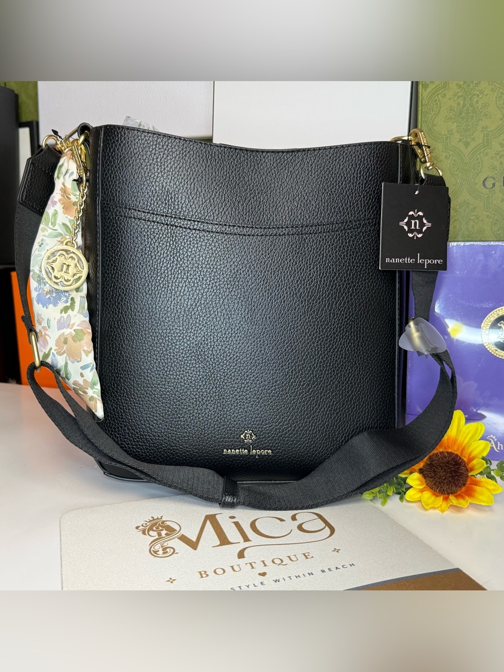 🆕NANETTE LEPORE Black Pebbled Leather Shoulder Bag with Floral Scarf Charm
